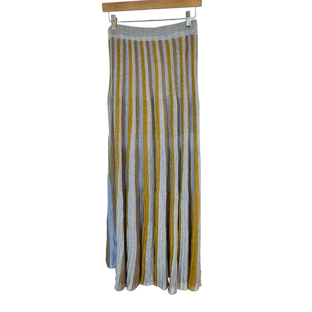 New HAPPY SHEEP Multi-Color Metallic Gold Silver Striped Pleated Maxi Skirt Sz S - Picture 2 of 11